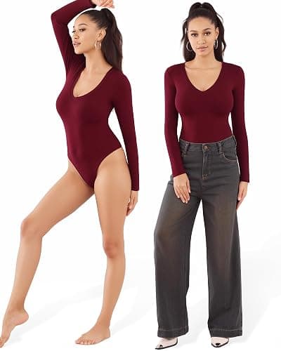 MANGOPOP Women's Long Sleeve Short Sleeve Bodysuit Sexy V Neck Body Suits Fitted Fall Going Out Tops thumbnail 2