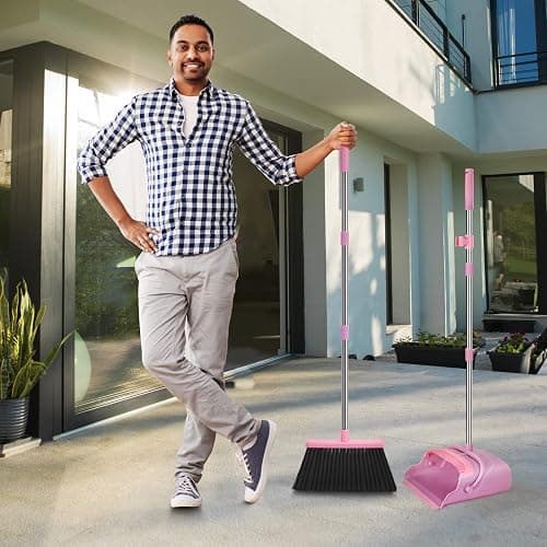 kelamayi Broom and Dustpan Set for Home, Office, Indoor&Outdoor Sweeping, Stand Up Broom and Dustpan (Pink) thumbnail 8