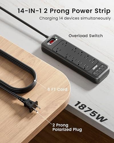 LENCENT 2 Prong Surge Protector Power Strip with USB Ports,Polarized 2 Prong to 3 Prong Outlet Adapter,1700J Surge Protector, 6ft Extension Cord,10 AC Outlets & 4 USB,Non-Grounded Wall Plug Extender thumbnail 3