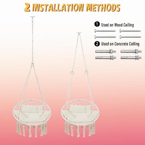 KROFEM Macrame Hammock Hanging Swinging Chair with Medium Cushion, Perfect for Bedroom, Porch, Adults, Balcony, Beige thumbnail 7
