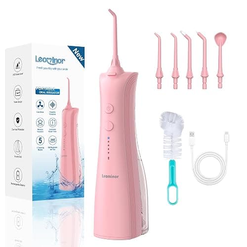 Leominor Water Dental Flosser - 5 Modes Cordless Portable Oral Irrigator, IPX7 Waterproof, Rechargeable Teeth Cleaner Upgrade Datchable Tank Professional Flossing Cleaning Pick for Home Travel (Pink) - Image 1