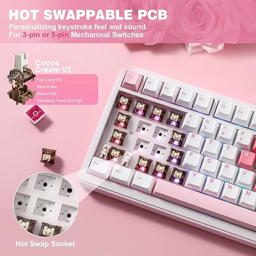 YUNZII B75 PRO Wireless Mechanical Keyboard,75% Gaming Keyboard Gasket Hot Swap Custom Keyboard with Knob,Pre-lubed Switches RGB,Bluetooth/Type-C/2.4G (White Heart, Cocoa Cream V2 Switch) thumbnail 5