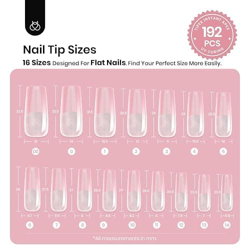 Beetles Tipex Instant Apex Nail Tips,Square Long Pre-building & Pre-Etched Thicker Acrylic Nails Strong Full Cover False Nail Extension Press-on Nails,192 Pcs 16 Sizes thumbnail 3
