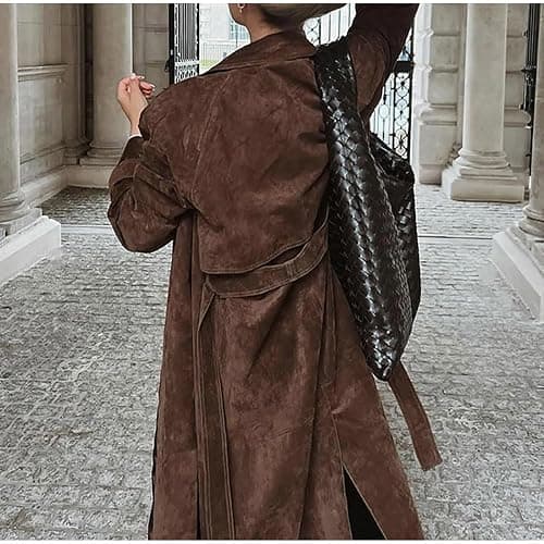 utcoco Womens Faux Suede Long Trench Coat Notched Lapel Double Breasted Pea Coat Overcoat with Belt thumbnail 2
