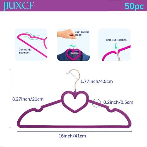 JIUXCF Dark Purple Velvet Hangers 50 Pack, Premium Heart Hanger Non-Slip Felt Hanger, 360° Swivel Rose Gold Hooks, Space Saving Slim Hangar, Durable & Cute Clothes Hanger for Adult thumbnail 2