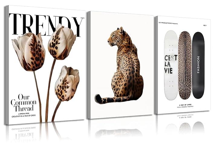 3Pcs Framed Trendy Leopard Print Canvas Wall Art Picture Stylish Female Aesthetic Poster Cheetah Printed Preppy Fashion Skateboard Wall Decor for Bedroom Apartment Dorm Living Room 12x16in - Image 1