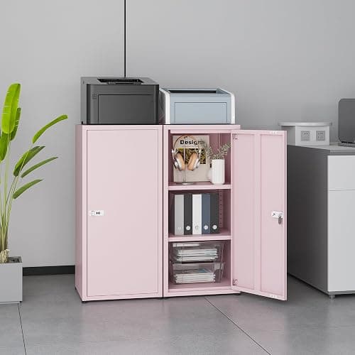 MIOCASA Metal Storage Cabinet with Lock, 3 Adjustable Shelves Single Door Steel Locker for Home, Office & Garage (Pink) thumbnail 2