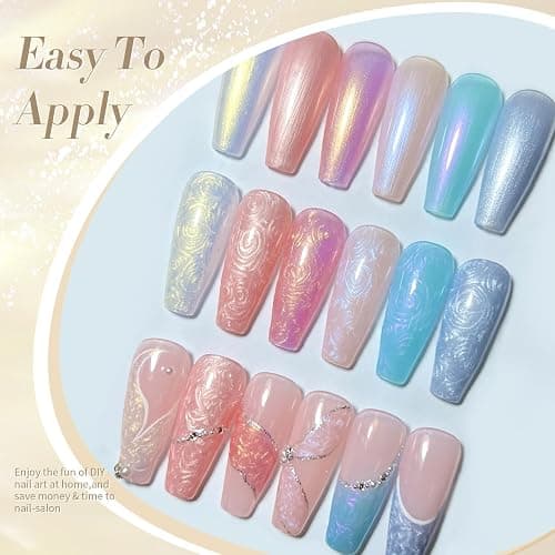 Born Pretty Vernis Gel Semi-Permanent Nacré, Vernis à ongles en Perle Spirale Rose Blanc Bleu Pearl Effet Sirène Brillant Vernis avec Fil UV LED Soak Off Nail Art, 7ML 6PCS - 7ml - Rose Blanc Bleu Perle 6pcs thumbnail 2