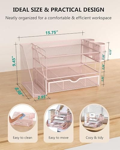 WALI Desk File Organizer, 4 Tier Desktop Paper Letter Tray Organizer with Drawer and 2 Pen Holders, Office Desk Accessories & Workspace Organizers for Office, Home Supplies(DO005DH-P), 1 Pack, Pink thumbnail 2