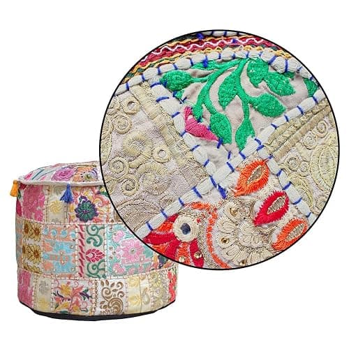 Aakriti Gallery Indian Pouf Footstool Ethnic Embroidered Pouf Cover - Cotton Round Pouffe Ottoman - Beige, 22x14 thumbnail 6