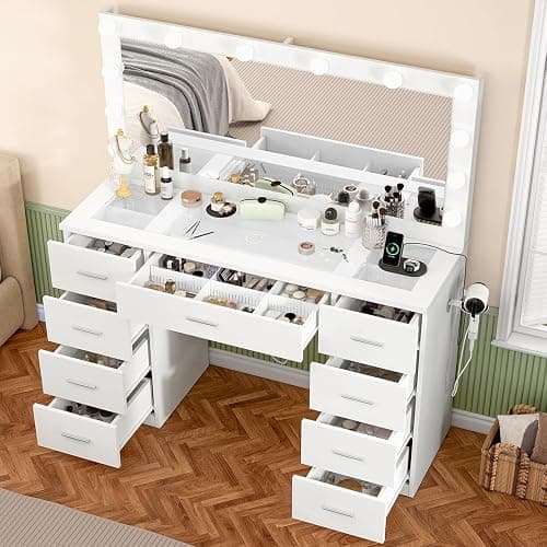 FIONESO Vanity Desk with Glass Top & Lights Mirror, 3 Adjustable Lighting Color, 46" Makeup Vanity with 9 Drawers and 12 LED Lights, Dressing Table for Bedroom, Vanity for Girls, White thumbnail 4