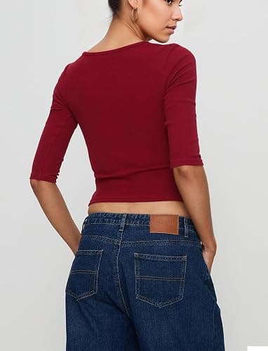 calbatic Women Ribbed Knit Half Sleeve T Shirts Crew Neck Slim Fit Basic Tees 2025 Spring Summer Casual Going Out Tops thumbnail 5