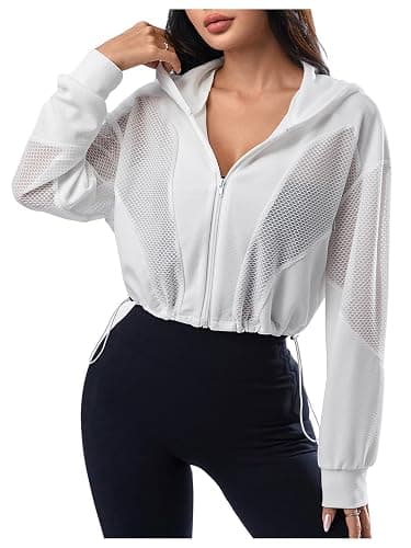 SweatyRocks Women's Zip Up Drawstring Hem Cropped Hoodie Mesh Workout Sports Track Lightweight Jacket - Image 1