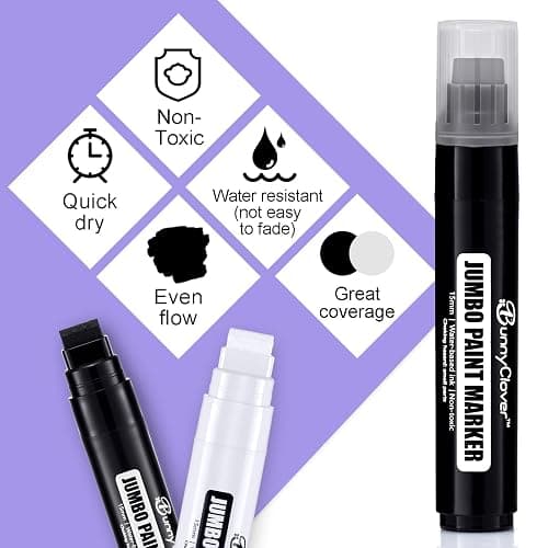Bunnyclover Paint Markers Pens, 2 Pack of Black and White, Premium Permanent Acrylic Paint Pens Markers for Tagging, Signs, Stone, Wood, Ceramic, Non-Toxic,15mm Jumbo Tip thumbnail 4
