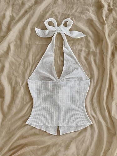 QJQ Women's Halter Tops Twist Front Slit Backless Cute Summer V Neck Tank Top Vacation Outfits 2025 thumbnail 2