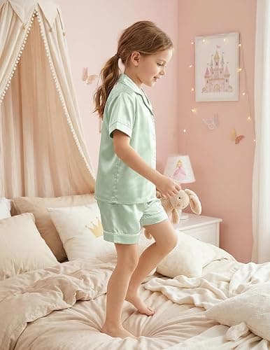 Arshiner Girls Pajamas Silk Satin Pajama Sleepwear Button Down Kids Pj Set | Soft Comfortable Silky Fabric, 2-Piece Pjs, Cute Pajamas for Little & Big Girls, Ideal for Lounging and Sleeping thumbnail 3