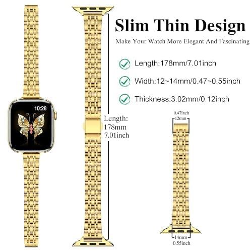 MioHHR Slim Metal Band Compatible with Apple Watch Bands 42/41/40/38mm | Thin Luxury Stainless Steel iWatch Bands Series 11/10/9/8/7/6/5/4/3/2/1/SE3/SE2/SE for Women,Gold thumbnail 3