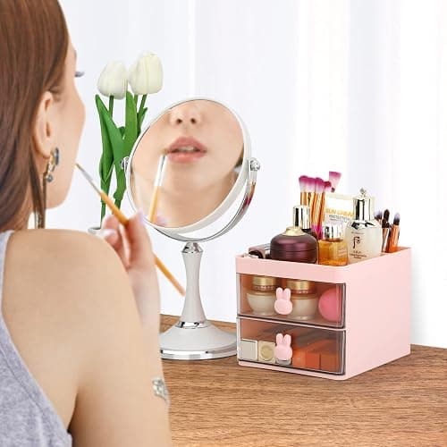 LETURE Small Desk Organizer With Drawer, Office Desktop Storage Box, Business Card/Pen/Pencil/Mobile Phone/Stationery Holder Storage Box, Makeup Organizer for Office School Home (Pink) thumbnail 5