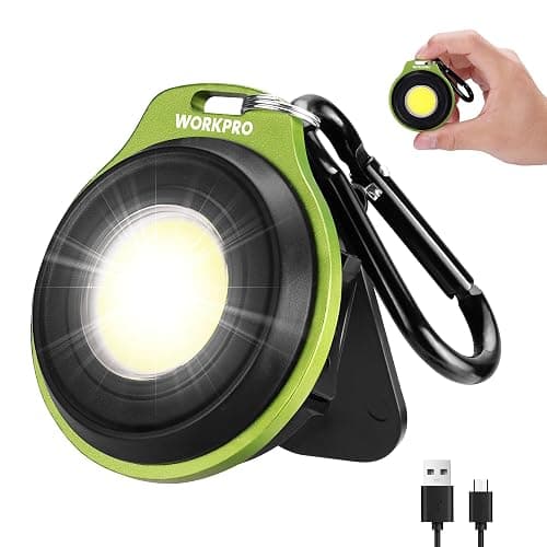 WORKPRO Mini Keychain Work Light, COB Keychain Flashlight with Hat Clip, Rechargeable Magnetic EDC Carabiner Flashlight, 3 Light Modes Emergency Light for Camping, Biking and Car Repairing, Green - Image 1