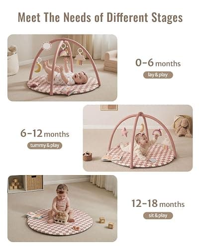 Blissful Diary Baby Play Gym Mat, Play Mat Activity Mat with 6 Detachable Toys for Stage-Based Sensory & Motor Skill Development, Easy to Install & Clean, Baby Essentials Gift, Blush Checkered thumbnail 5