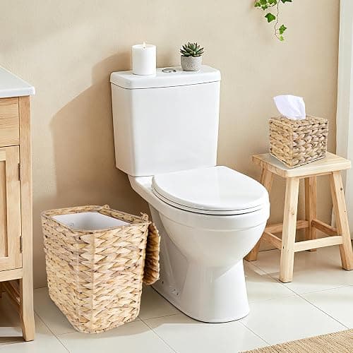 ARQRHTLY Wicker Trash Can and Handwoven Tissue Box Cover Set Rattan Waste Basket with Lid and Liner Boho Decorative Water Hyacinth Square Napkin Box Holder for Bathroom Bedroom Kitchen Living Room thumbnail 5