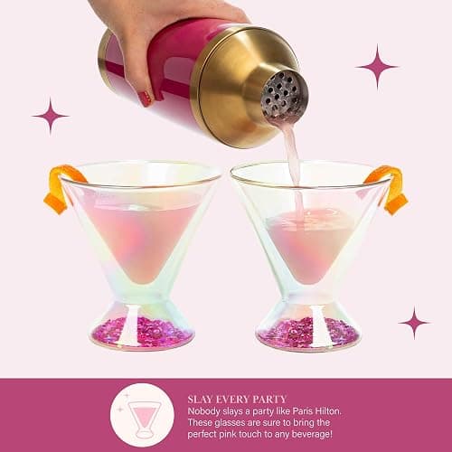 Paris Hilton 2-Piece Martini Glass Set, Double Wall Glass Design, Great for Martinis, Cocktails, Cosmopolitans, Margaritas, 207mL, 7-Ounce, Iridescent with Glitter Hearts thumbnail 6