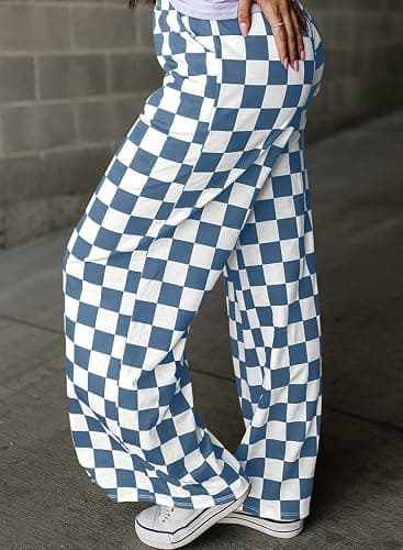 Acelitt Womens Casual Checkered Pants Elastic Waist Comfy Loose Wide Leg Pants with Pockets thumbnail 3