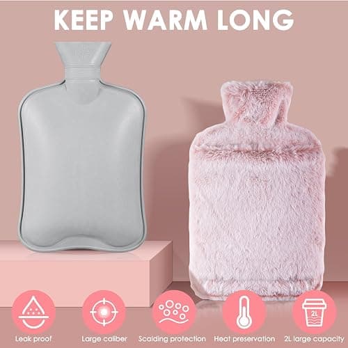 BOLEi Hot Water Bottle with Luxury Cosy Faux Fur Cover,2L Leakproof Large Hot Water Bag for Neck,Shoulder,Hand Feet Warmer,Gifts for Women,Men(Pink) thumbnail 3