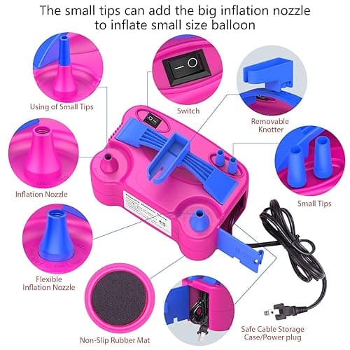 IDAODAN Electric Balloon Pump, Portable Electric Balloon Blower Machine Balloon Air Pump Dual Nozzle Rose Red 110V 600W Balloon Inflator for Party Decorations - Rose Red thumbnail 4