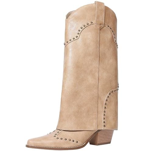 RONILURN Women Shark Boots Fold Over Mid Calf Chunky Heel Snip Toe Cowboy Cowgirl Pull On Studded Boots for Women - Image 1