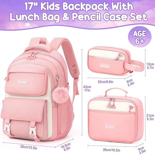 Fimibuke Backpacks for Girls, 3 PCS Waterproof School Backpack with Lunch Box & Pencil Pouch for Kids Teen Girl, Cute Bookbag School Bag for Elementary Middle High School Student Ages 6+(Pink) thumbnail 2