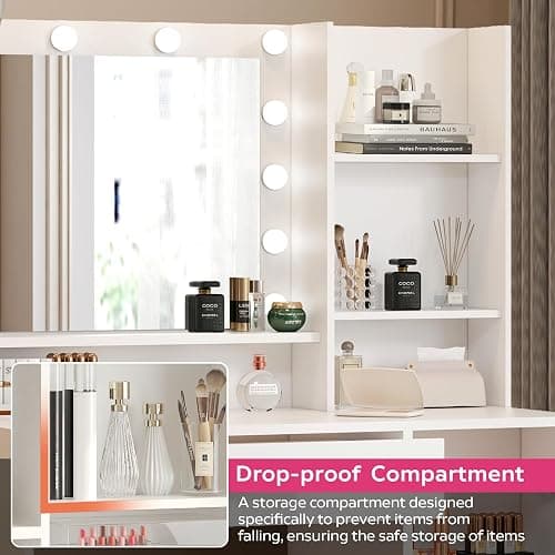 Palimder Vanity Desk with Mirror and Light, Large Drawer and Three Level Storage Dresser, 3 Lighting Modes Adjustable Brightness, Bedroom Dressing Table (White) thumbnail 3