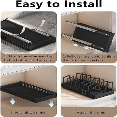 AmoiChic 2 Pack Pull Out Cabinet Organizer for Pots and Pans, Black Storage Rack with 8 Adjustable Dividers, Kitchen Cabinet Organizer for Pot Lids, Bakeware, Dishes Storage thumbnail 9