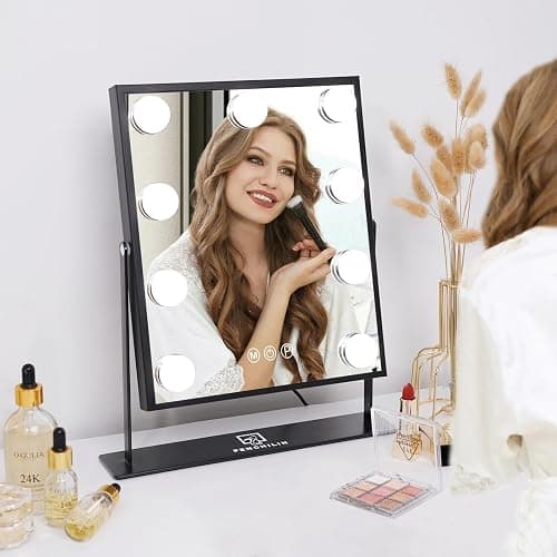 FENCHILIN Hollywood Mirror with Light 12.0W'' * 14.5L'' Lighted Makeup Mirror Vanity Makeup Mirror Smart Touch Control 3 Colors Dimable Light Detachable 10X Magnification 360°Rotation(Black) thumbnail 6