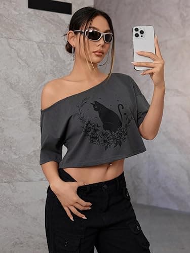 SOLY HUX Women's Off The Shoulder Crop Tops Graphic Tees Y2k Short Sleeve Loose Fit T Shirts Streetwear thumbnail 3
