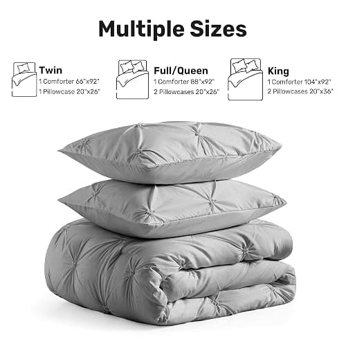 UNIKOME Queen Comforter Set Gray/Light Gray - Soft Pintuck Down Alternative Bedding Set for All Seasons, 3 Pieces Pinch Pleat Solid Bed Set with Comforter, 2 Pillowcases - 09 Gray/Light Gray - Queen(92“x88“) thumbnail 8