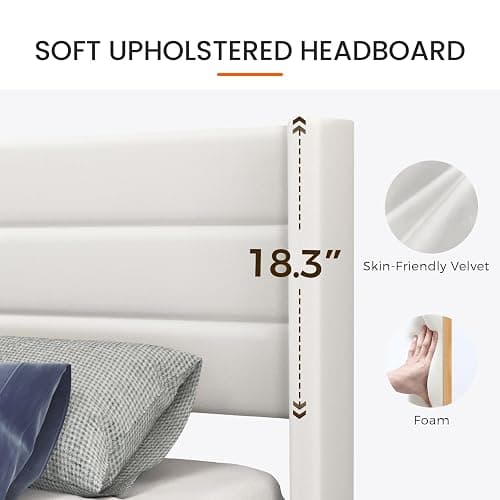 Casaottima Queen Bed Frame Upholstered Platform Bed with Wingback Headboard, Wooden Slats Support, Noise-Free Mattress Foundation, No Box Spring Needed, Easy Assembly, Horizontal Stripe Cream White thumbnail 4