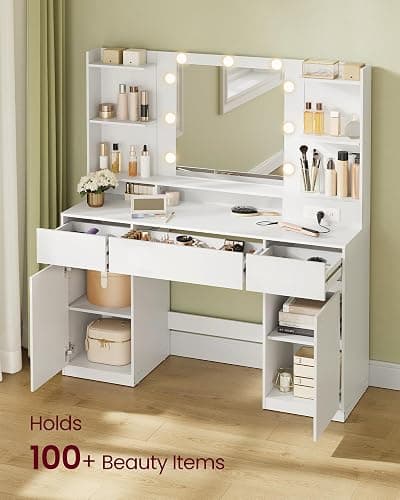 VASAGLE 43.3-Inch Vanity Desk with Mirror and Lights, 3 Drawers 2 Cabinets | Modern Vanity Table with 9 LED Bulbs, Power Outlets, for Bedroom, Cloud White, KAILYN Collection URDT142WB01S thumbnail 5