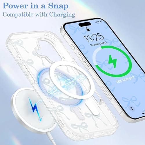 UEEBAI Magnetic for iPhone 16 Case, Bow Case Compatible with MagSafe, Wireless Slim Clear Ribbon Aesthetic Phone Cover Anti-Yellowing Shockproof Protective Cover for Women Girl - Baby Blue thumbnail 4
