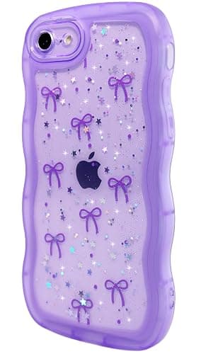Qokey for iPhone SE(2020/2022) & 8/7 Case - Glitter Star & Curved Edge Handle Grip Design, Military-Grade Shockproof Clear TPU Cover, Sparkle Protection + Scratch-Resistant, Holographic Purple Bow thumbnail 4