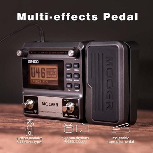 MOOER GE100 Multi-Effects Guitar Pedal with 80 Presets, 66 Effects, Loop and 40 Drum Rythm. Distortion, Expression Volume Wah Pedal, Tap Tempo, Headphone Out, LED Screen, Tuner thumbnail 2