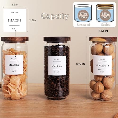 CZZGSM 3 Set Glass Pantry Storage Jars with Acacia Airtight Lid - 35oz Thicken Glass Kitchen Canisters with 132 Pantry Labels - Clear Food Storage Containers with Wood Lid for Tea,Sugar,Cookie,Pasta thumbnail 2