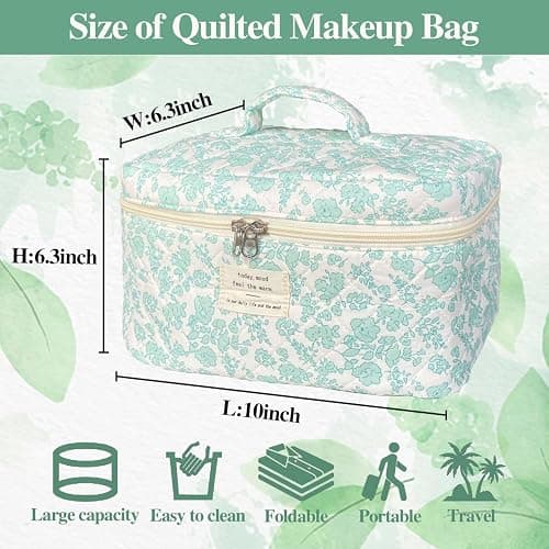 WYJ Green Large Quilted Floral Makeup Bag Cute Soft Coquette Aesthetic Cosmetic Bag Cotton Travel Toiletry Bag for Women thumbnail 3