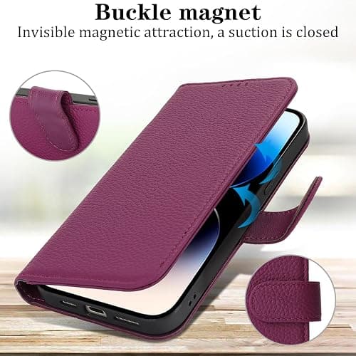Zouzt Case for iPhone 14 Pro 6.1" Genuine Leather Wallet Case with 4 Card Slot, RFID Blocking Card Holder Magnetic Flip Folio Kickstand Shockproof Phone Cover Women Men - Rose Purple thumbnail 4