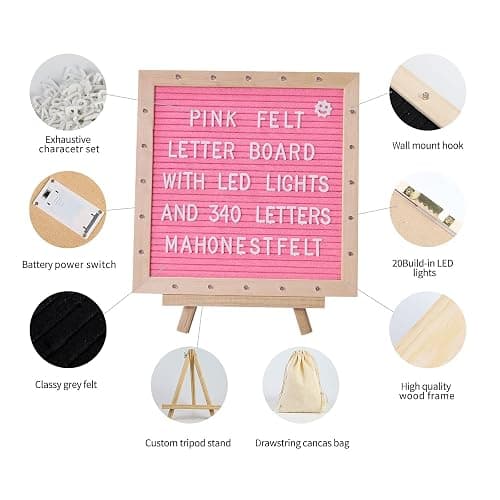 Pink Felt Letter Board with Stand, Built-in LED Lights With Tripod Stand and Wall Mount Hanger for Party Home Decor(10x10),Menu Board, 340 Letters for Custom Sign Messages, Party Planning (Pink) thumbnail 3