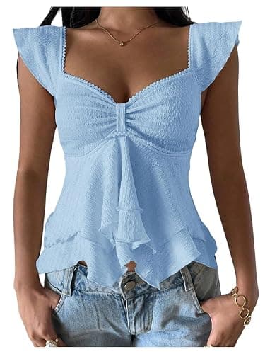RoseSeek Women's Flowy Going Out Tank Top Sweetheart Neck Cap Sleeve Summer Ruffle Elegant Crop Tops - Image 1