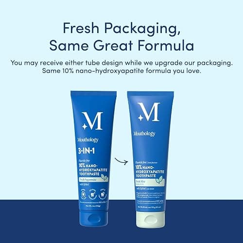 Mouthology 10% Nano Hydroxyapatite Toothpaste Fluoride Free, Whitening*, Rod Shaped nHa, Xylitol Toothpaste for Adults, Enamel Care*, Sensitive Teeth*, SLS Free, Mint 4oz (USA Made) Package May Vary thumbnail 2