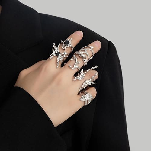 8 Pcs Vintage Silver Rings Sets Y2k Goth Coquette Grunge Chunky Stacking Rings For Women Aesthetic Accessories Jewlery Boho Silver Statement Ring Gift thumbnail 7