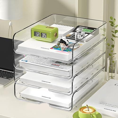 OUTIOE 4-Tier Paper Organizer for Desk, Stackable Desk Organizer Paper Tray, Ideal for Office Supplies, A4 Storage (Clear, 4-Tier) thumbnail 2