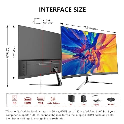 Gawfolk 24.5 Inch Gaming Curved Monitor Built-in Speakers, 3000R 120Hz PC Screen Full HD 1080P, HDMI 2.0, VGA, Wall Mount Compatible 75 * 75mm thumbnail 6